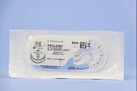 Prolene – Suture with Needle Nonabsorbable Uncoated Blue Suture Monofilament Polypropylene Suture Size 3 – 0 48 Inch Suture Double-Armed 26 mm Length 1/2 Circle Taper Point Needle – 8534H