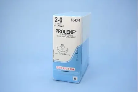 Prolene – Suture with Needle Nonabsorbable Uncoated Blue Suture Monofilament Polypropylene Suture Size 2 – 0 36 Inch Suture Double-Armed 36.4 mm Length 1/2 Circle Taper Point Needle – 8843H
