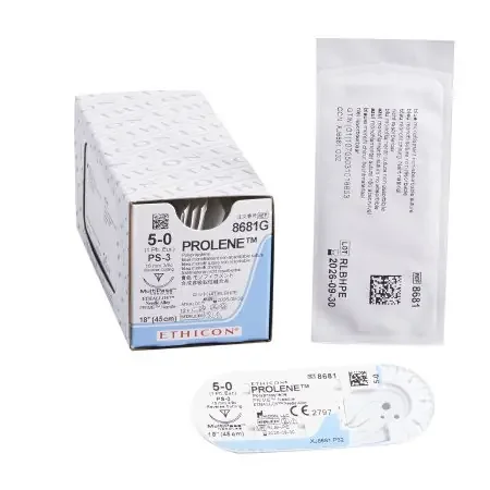 Prolene – Suture with Needle Nonabsorbable Uncoated Blue Suture Monofilament Polypropylene Suture Size 5 – 0 18 Inch Suture 1-Needle 16 mm Length 3/8 Circle Precision Point – Reverse Cutting Needle – 8681G