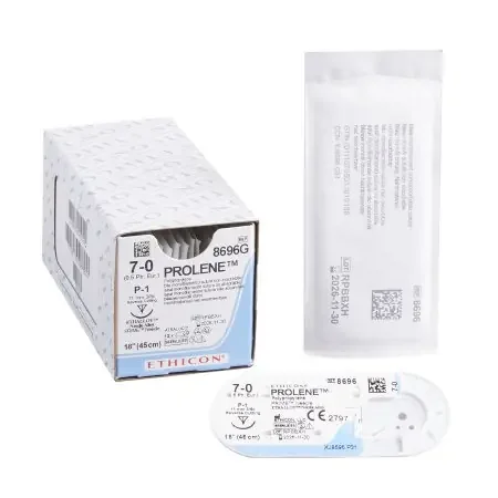 Prolene – Suture with Needle Nonabsorbable Uncoated Blue Suture Monofilament Polypropylene Suture Size 7 – 0 18 Inch Suture 1-Needle 11 mm Length 3/8 Circle Precision Point – Reverse Cutting Needle – 8696G