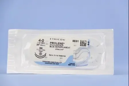 Prolene – Suture with Needle Nonabsorbable Uncoated Blue Suture Monofilament Polypropylene Suture Size 4 – 0 24 Inch Suture Double-Armed 17 mm Length 3/8 Circle Taper Point Needle – 8861H