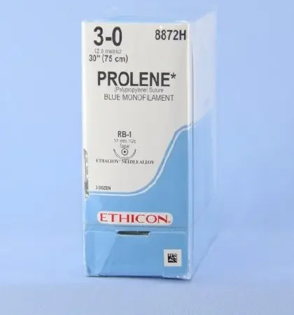 Prolene – Suture with Needle Nonabsorbable Uncoated Blue Suture Monofilament Polypropylene Suture Size 3 – 0 30 Inch Suture 1-Needle 17 mm Length 1/2 Circle Taper Point Needle – 8872H