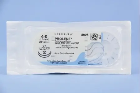 Prolene – Suture with Needle Nonabsorbable Uncoated Blue Suture Monofilament Polypropylene Suture Size 4 – 0 36 Inch Suture Double-Armed 17 mm Length 3/8 Circle Taper Cut Needle – 8925H