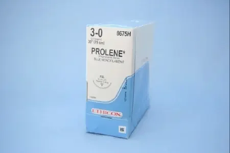 Prolene – Suture with Needle Nonabsorbable Uncoated Blue Suture Monofilament Polypropylene Suture Size 3 – 0 30 Inch Suture 1-Needle 36 mm Length 3/8 Circle Reverse Cutting Needle – 8675H