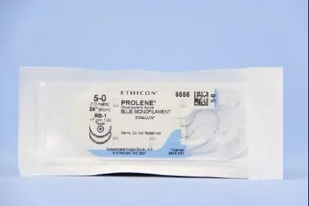 Prolene – Suture with Needle Nonabsorbable Uncoated Blue Suture Monofilament Polypropylene Suture Size 5 – 0 24 Inch Suture Double-Armed 17 mm Length 1/2 Circle Taper Point Needle – 8555H