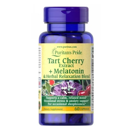 Puritan’s Pride, Tart Cherry Extract Plus Melatonin & Herbal Relaxation Blend, 60 Capsules