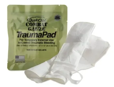 QuikClot Combat Gauze TraumaPad – Hemostatic Dressing 12 X 12 Inch 1 per Pack Individual Packet Kaolin Sterile – 210