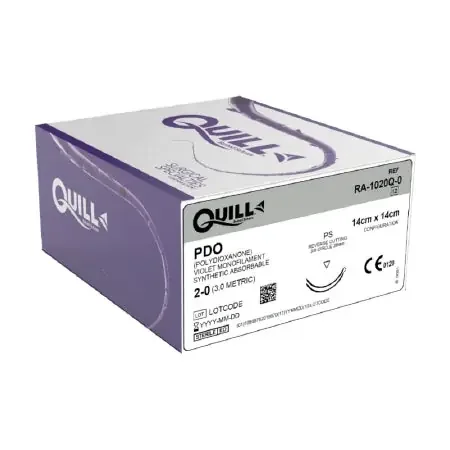 Quill Knotless Tissue-Closure Device – Suture with Needle Absorbable Uncoated Violet Suture Barbed Monofilament PDO (Polydioxanone) Size 2 – 0 14 cm Suture Double-Armed 26 mm Length 3/8 Circle Reverse Cutting Needle – RA-1020Q-0