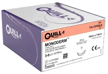 Quill Knotless Tissue-Closure Device, Monoderm – Suture with Needle Absorbable Coated Undyed Suture Barbed Monofilament Polyglycolic Acid / PCL Size 3 – 0 14 cm Suture Double-Armed 18 mm Length 3/8 Circle Diamond Point Needle – YA-1016Q-0
