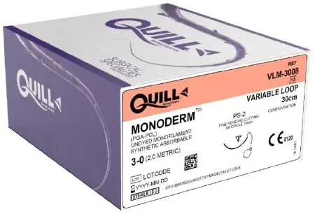 Quill Variable Loop Device, Monoderm – Suture with Needle Absorbable Uncoated Undyed Suture Barbed Monofilament Polyglycolic Acid / PCL Size 3 – 0 30 cm Suture 1-Needle 19 mm Length 3/8 Circle Reverse Cutting Needle – VLM-3008
