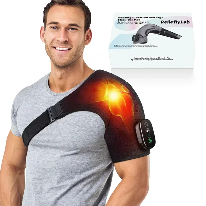 RelieflyLab 3 in 1 Shoulder Massager, Heated Strap with Vibration, Relieve Chronic Pain for Men and Women (Grey)