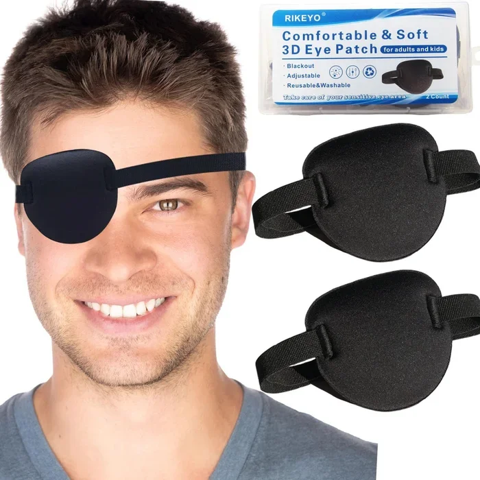 RIKEYO 2 Pcs Eye Patches,Eye Patch for Adults,3D Adjustable Eyepatch for Right or Left Eye,One Eye Cover for Lazy Eye,Pirate Costume(Black)