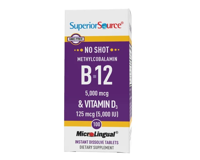 Superior Source NO SHOT Methylcobalamin B-12 5,000 mcg / D3 5,000 IU 100 Sublingual Tablet