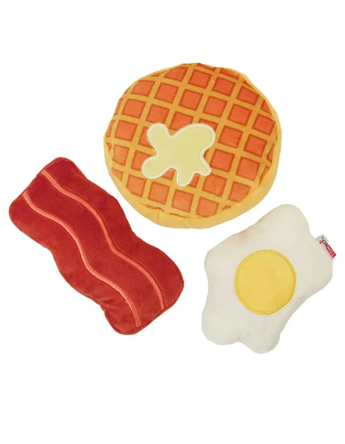 TONBO Plush Toys Combo – Waffle, Bacon, Egg (Rise and Shine) for Small Breeds Dogs, Lightweight & Portable