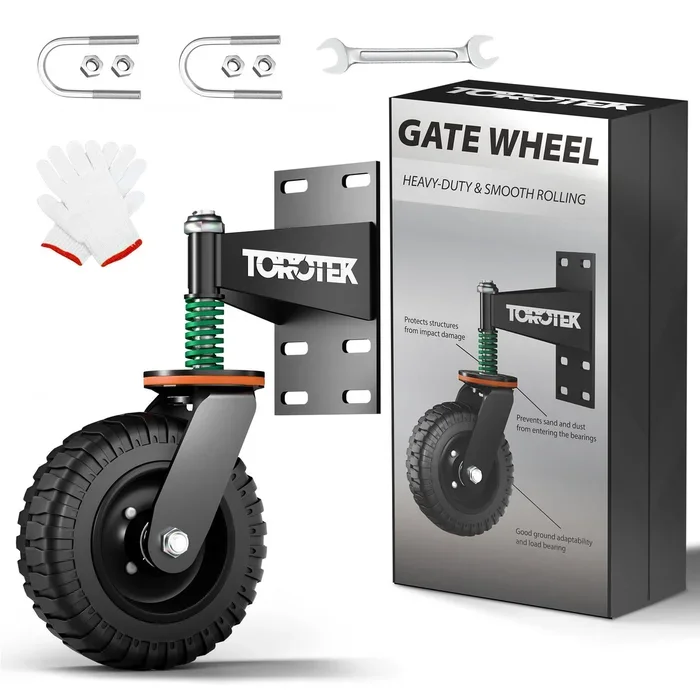 TOROTEK 8inch Gate Wheel, 600lb Capacity Heavy Duty Gate Wheel, 360° Rotation Spring Loaded Gate Casters, Fence Gate Wheels for Metal Tube Gate Wooden Gate with Dust Ring Screws & Screwdriver