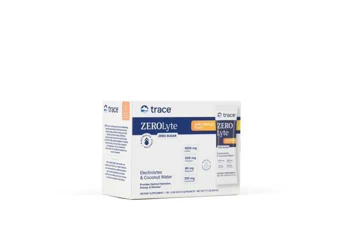 Trace Minerals ZEROLyte-Electrolyte Drink Mix + Coconut Water-Salty Mango Flavor 30 Packets Box
