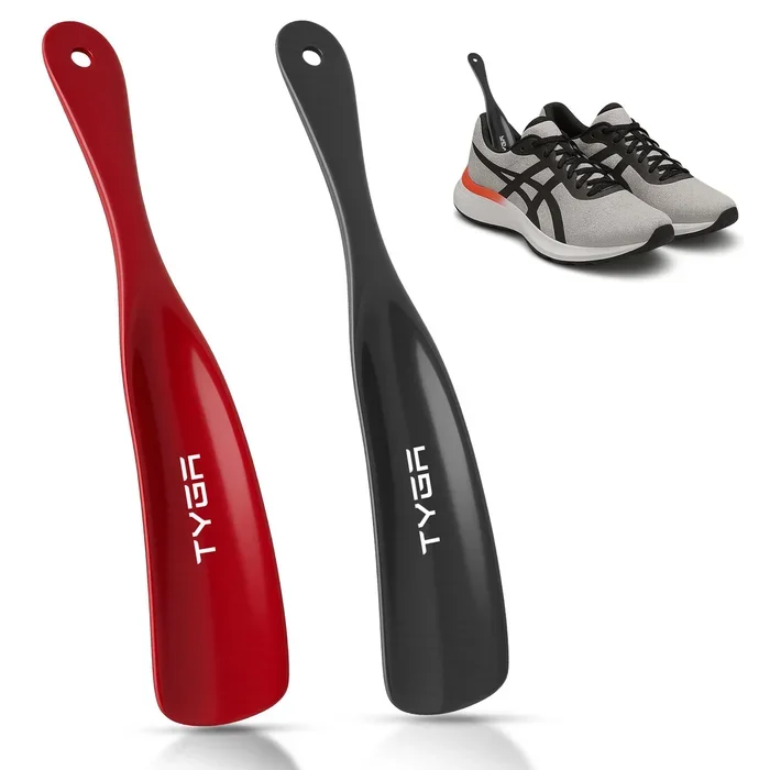 TYGA Shoe Horns, Snap-Proof, Flexible Strong Plastic (19cm) (2pk) (Black, Red), Black, Red, 19.5CM