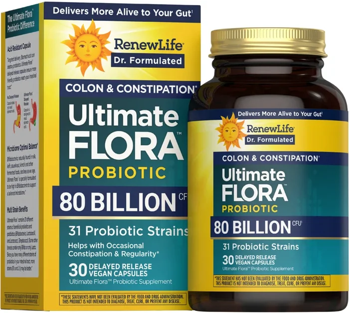 Ultimate Flora Colon e Costipazione Probiotico 80 Miliardi, 30 Capsule Vegane a Rilascio Ritardato