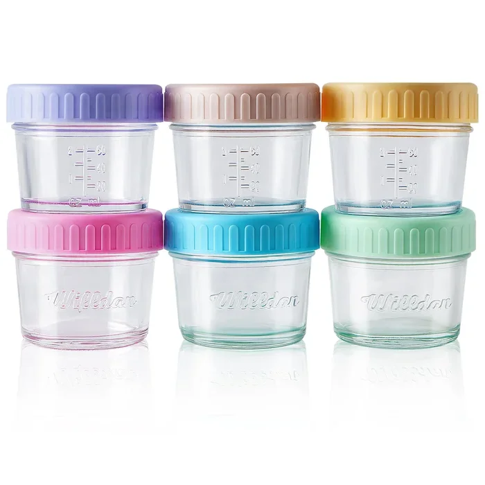 WILLDAN Glass Baby Food Storage Jars w/Lids (4 oz, 6 Pack Set) Snack, Puree, Reusable Small Containers, Breast Milk, Fridge or Freezer, Microwave & Dishwasher Safe, Essential Must Have for Infants
