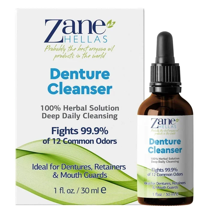 Zane Hellas Denture Cleaner. Oregano Oil Power. Ideal for Dentures, Retainers, Braces, Mouth Guards. Helps Remove Plaque, Tartar, Stains and Bad Odor. 100% Herbal Solution. 1 fl.oz.-30ml.